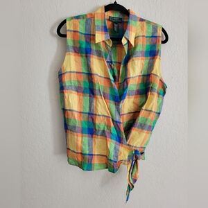 Lauren Ralph Lauren 100% linen wrap top plaid | size 16
